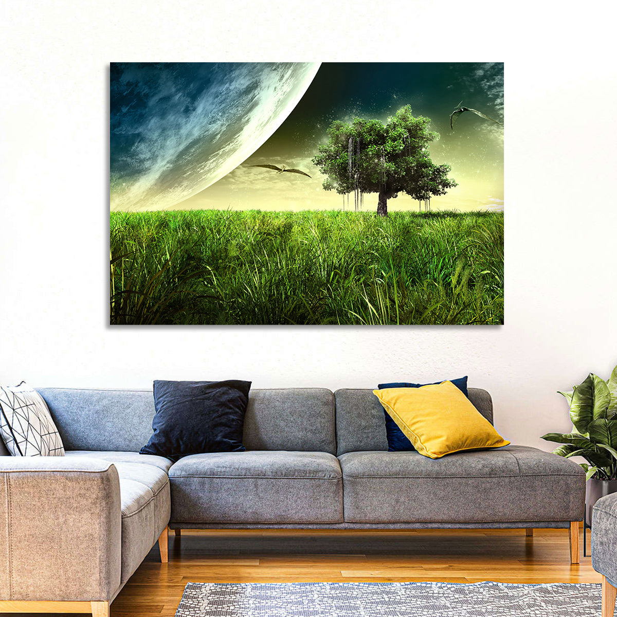 Alien Meadow Under a Giant Planet Wall Art in a room, landscape