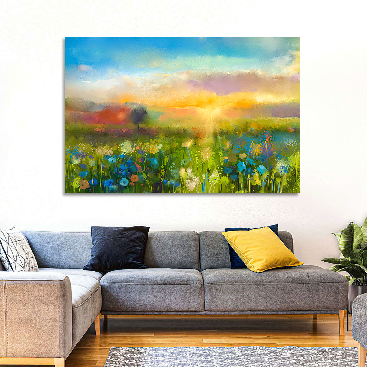 Sunset Wildflower Meadow Wall Art in a room, landscape
