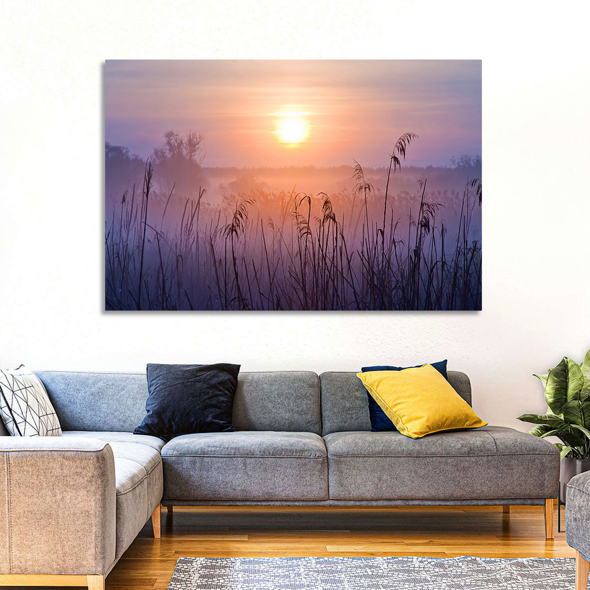 Lavender Sunrise Over Reeds Wall Art in a room, landscape
