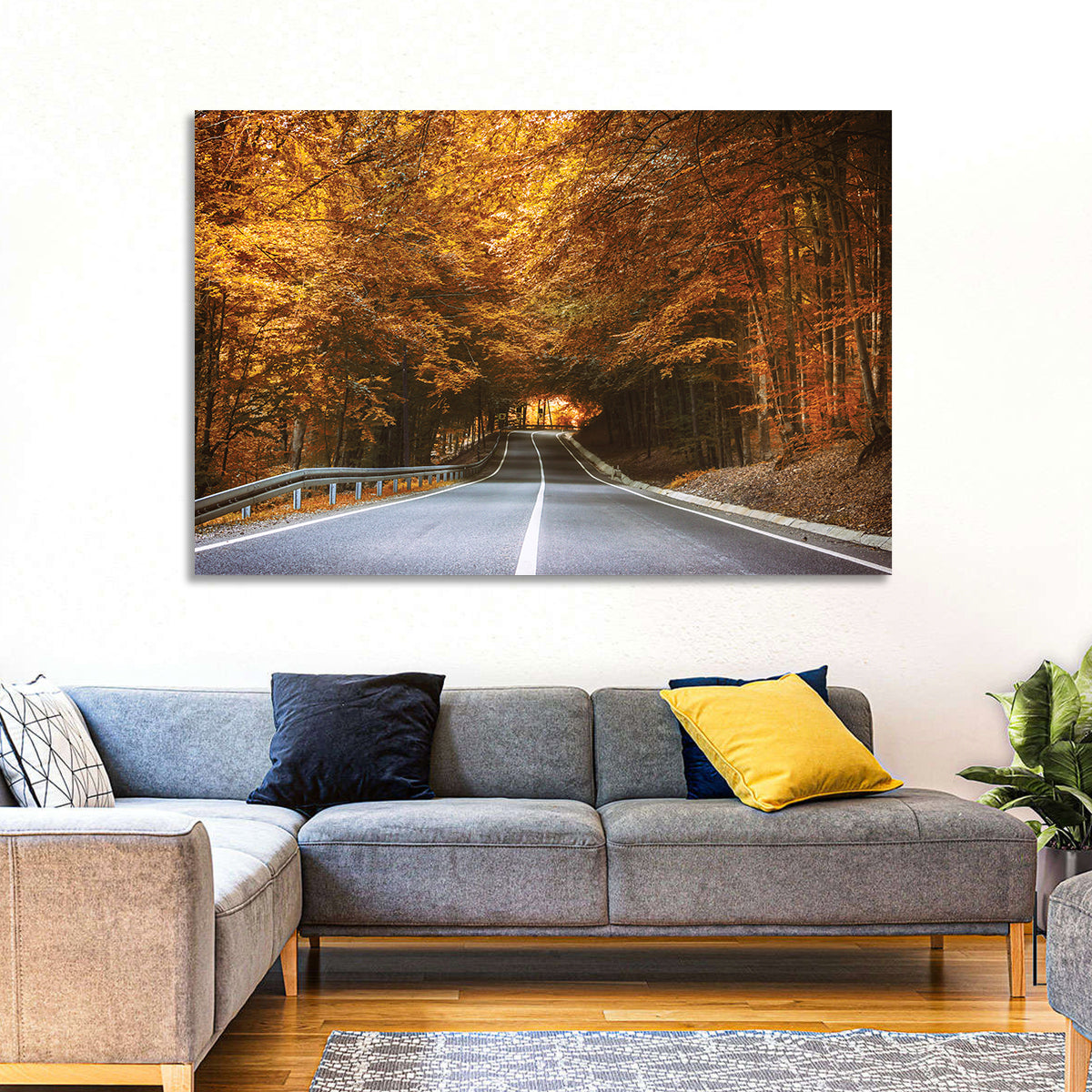 Autumn Forest Road with Canopy Wall Art in a room, landscape