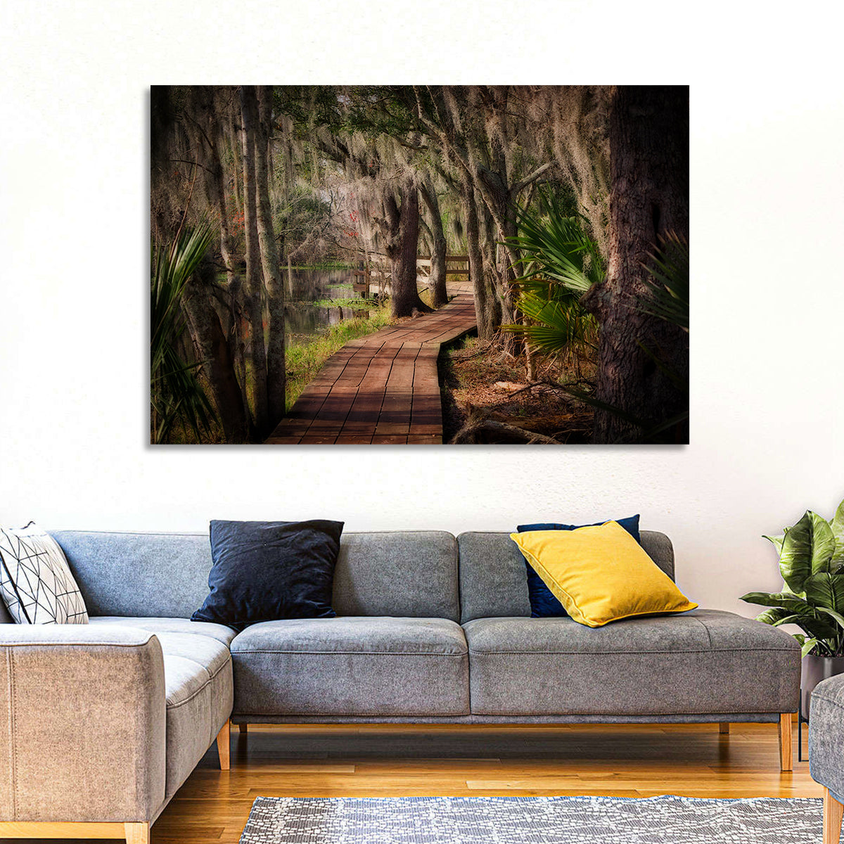 Louisiana Swamp Boardwalk Wall Art in a room, landscape