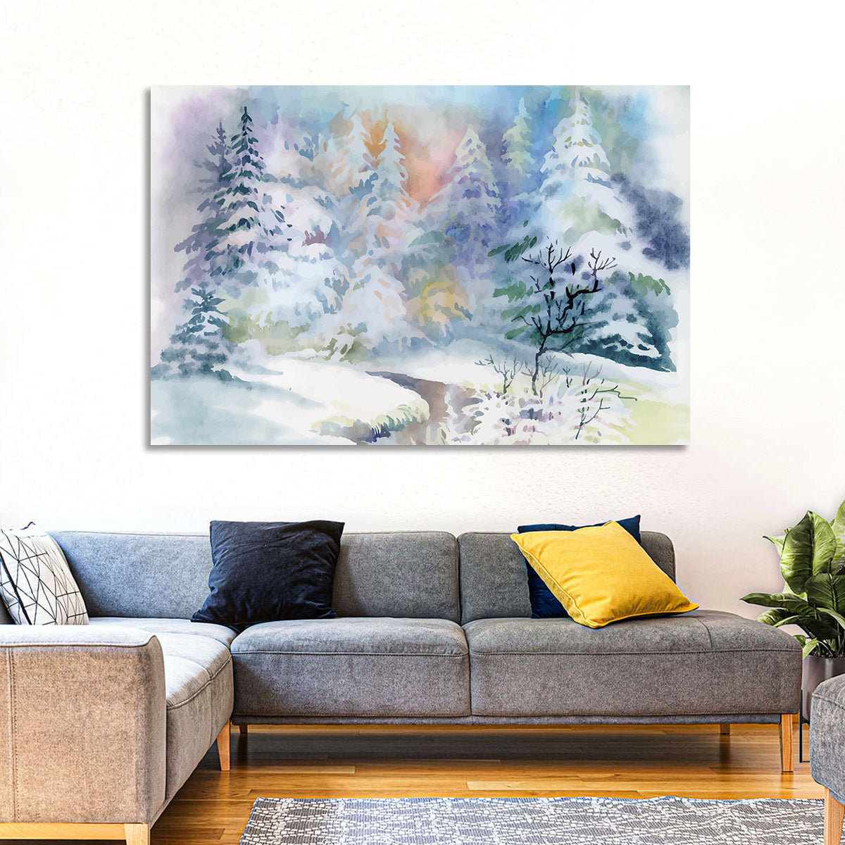 Winding Winter Stream Watercolor Wall Art