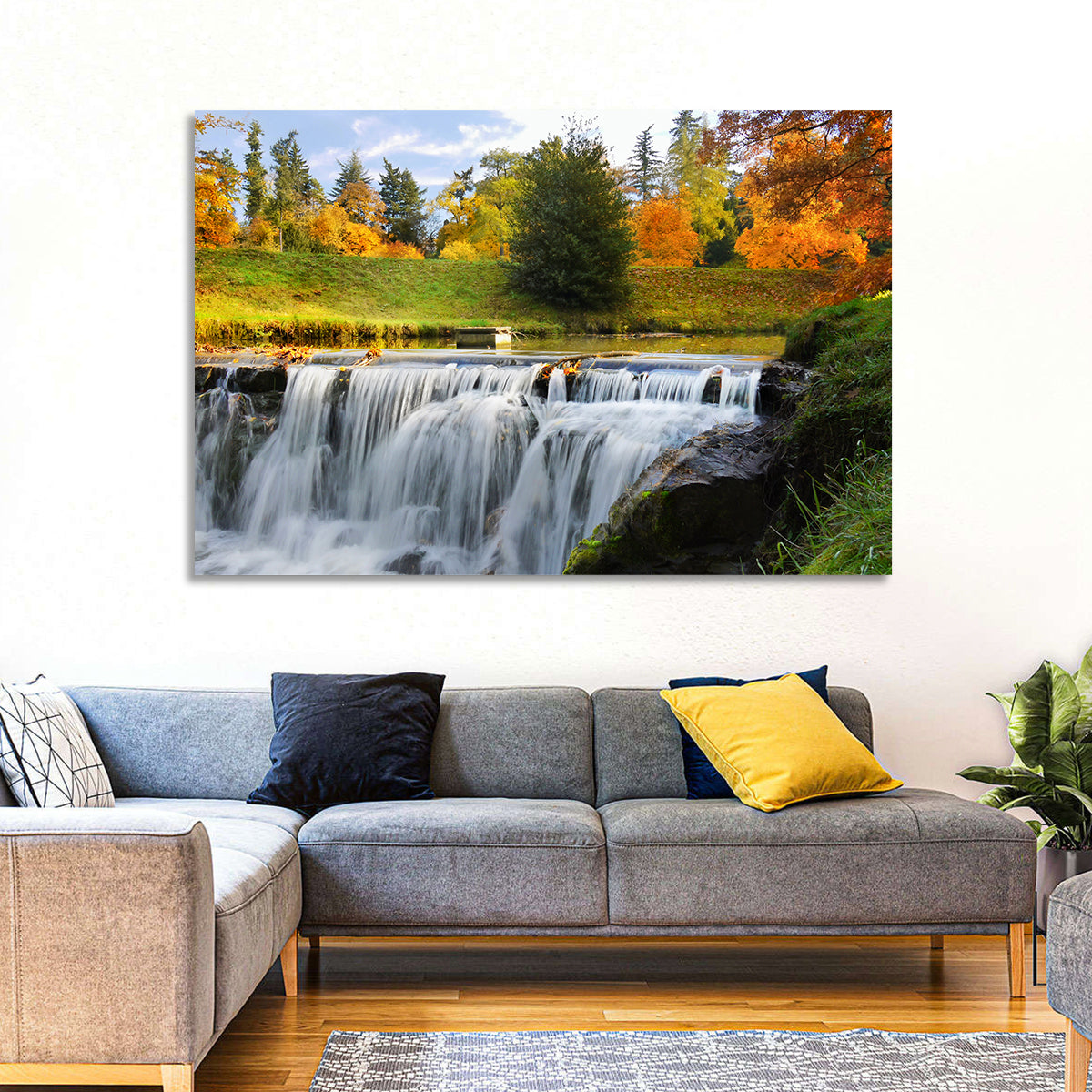 Autumn Forest Waterfall Wall Art in a room, landscape
