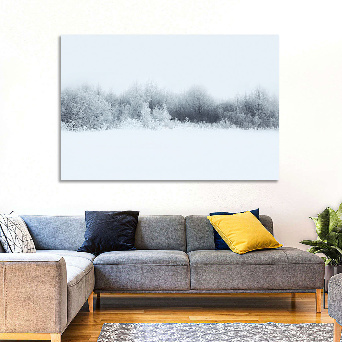 Frosted Winter Forest Wall Art in a room, landscape