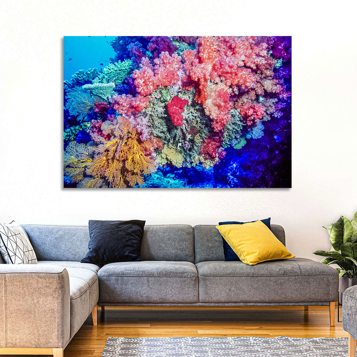 Vibrant Coral Reef Wall Art in a room, landscape