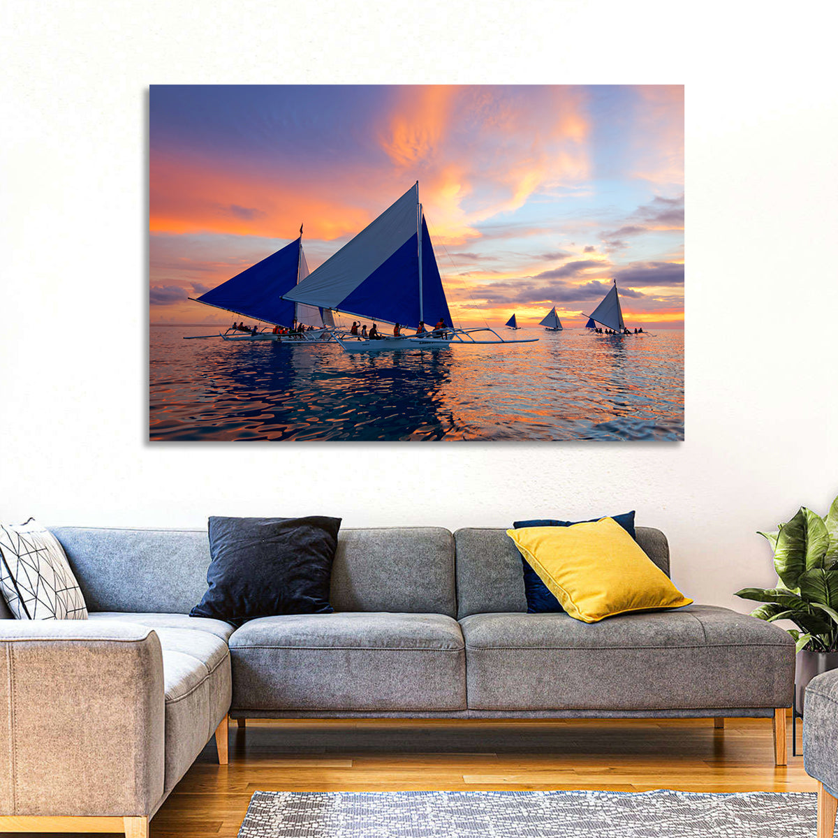 Outrigger Sailboats at Sunset Wall Art in a room, landscape