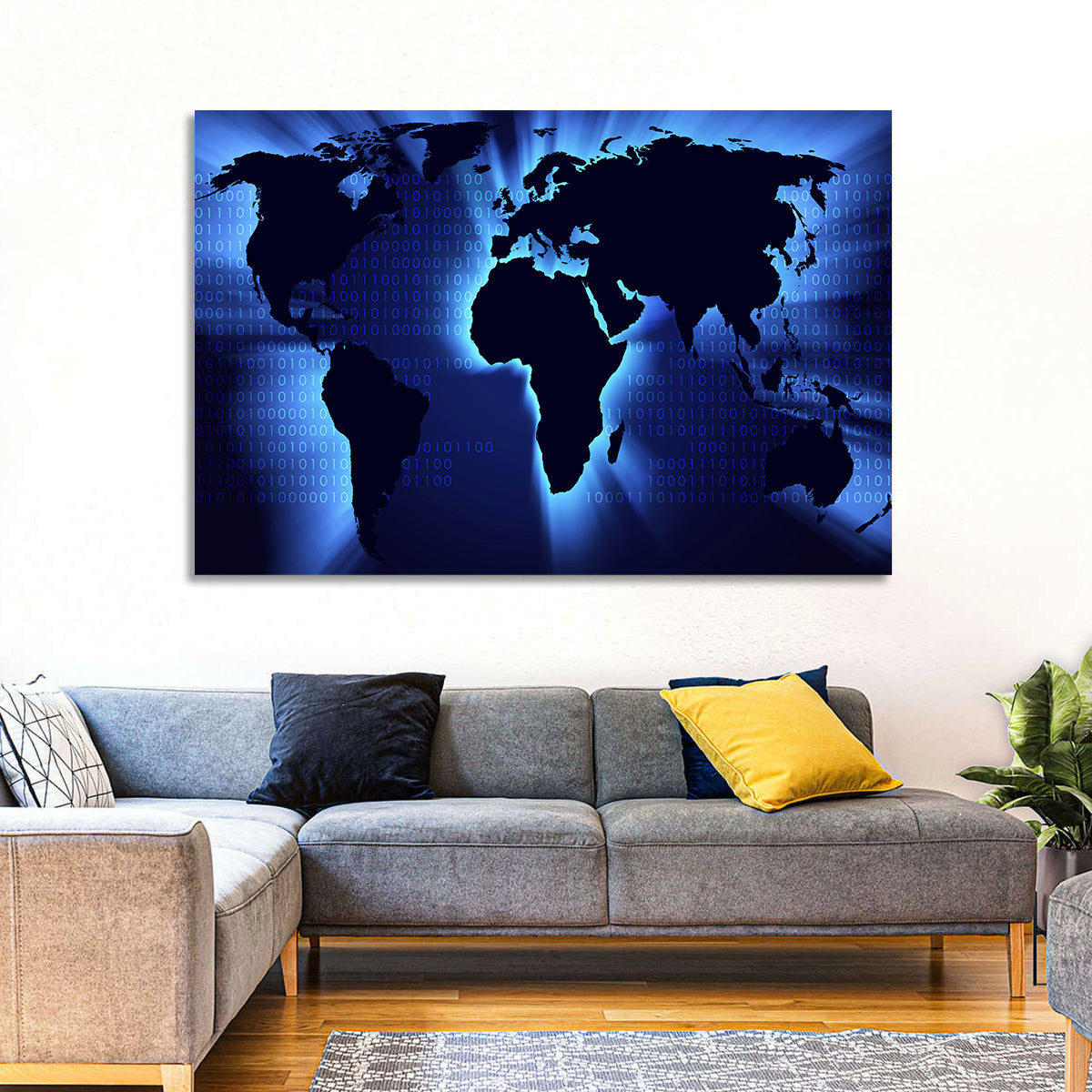 Glowing Digital World Map Wall Art in a room, landscape
