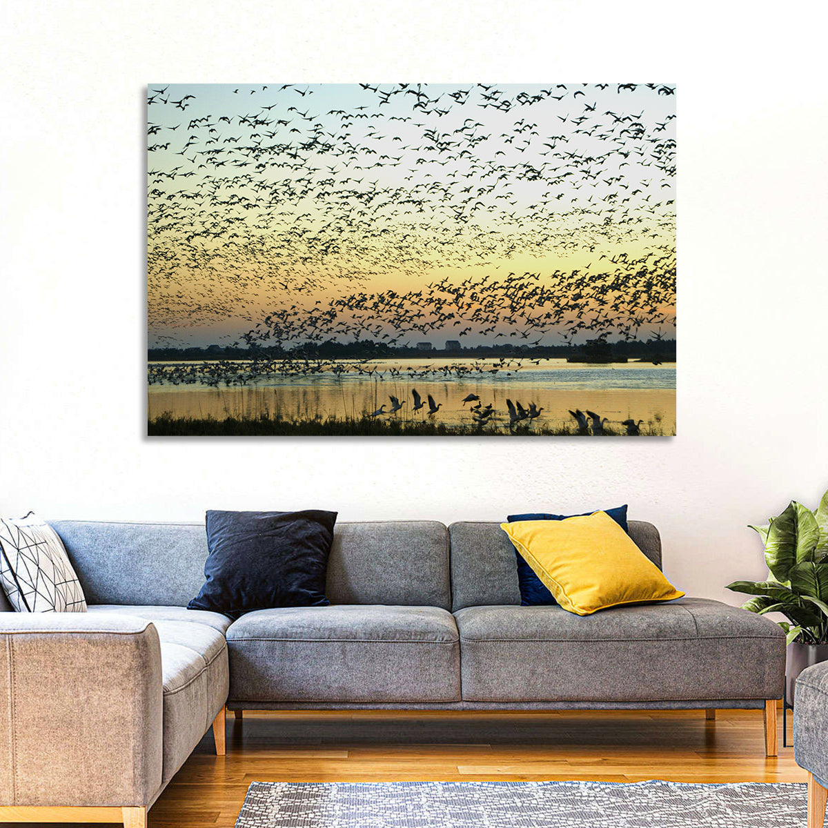 Snow Geese Over River Wall Art