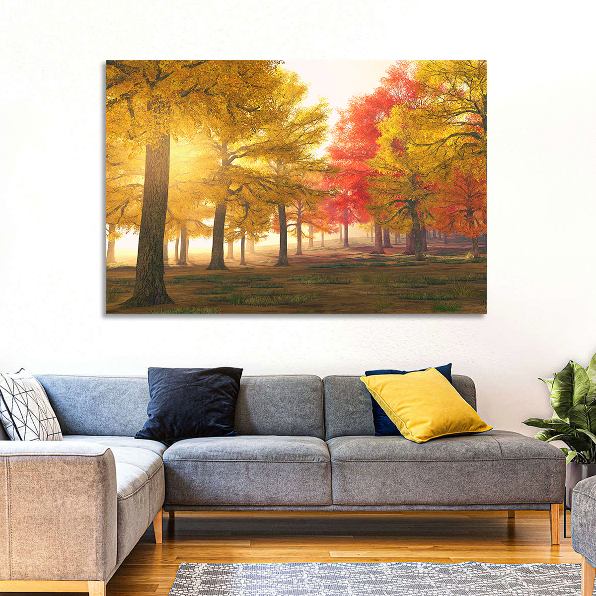 Foggy Autumn Forest Wall Art in a room, landscape