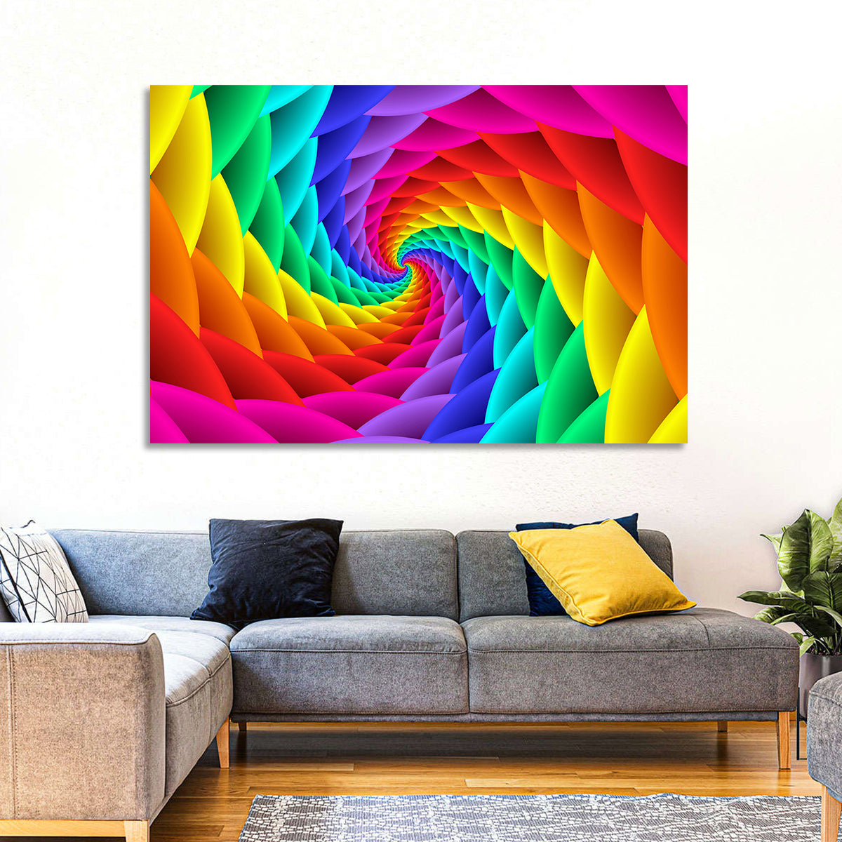 Rainbow Spiral Vortex Tunnel Wall Art in a room, landscape