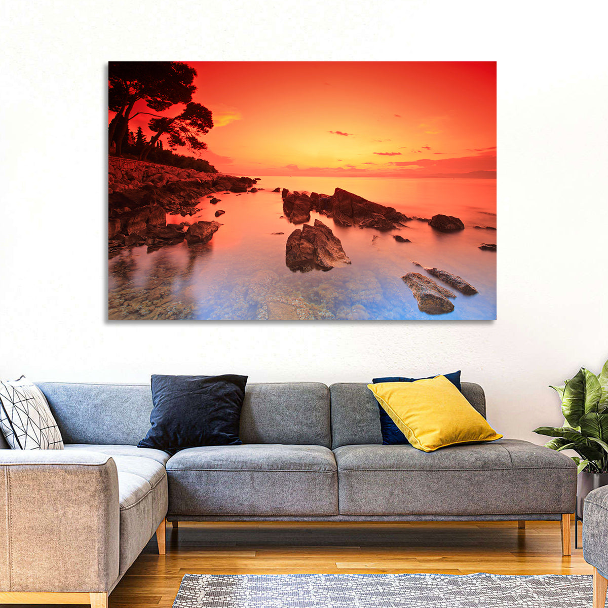 Brac Island Fiery Sunset Wall Art in a room, landscape
