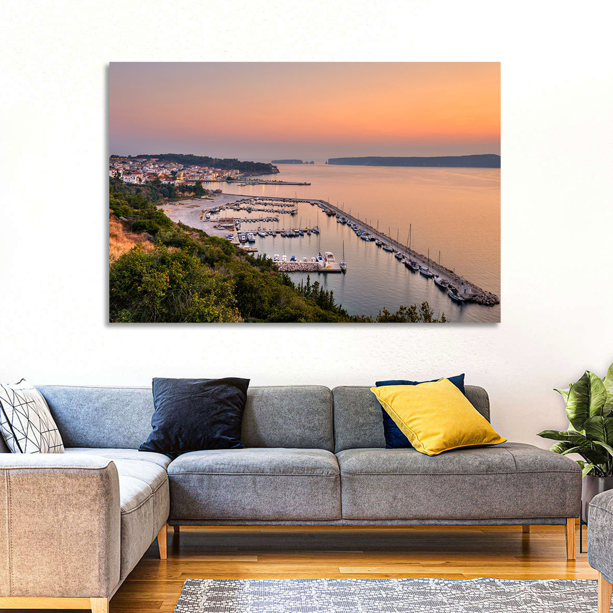 Pylos Harbor Lighthouse Sunset Wall Art in a room, landscape