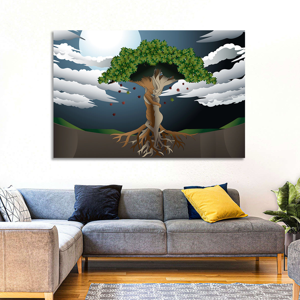 Moonlit Lovers Tree Wall Art in a room, landscape