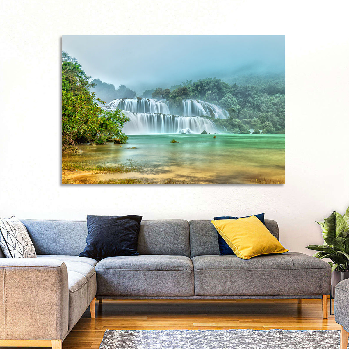 Ban Gioc Waterfalls Misty Morning Wall Art in a room, landscape