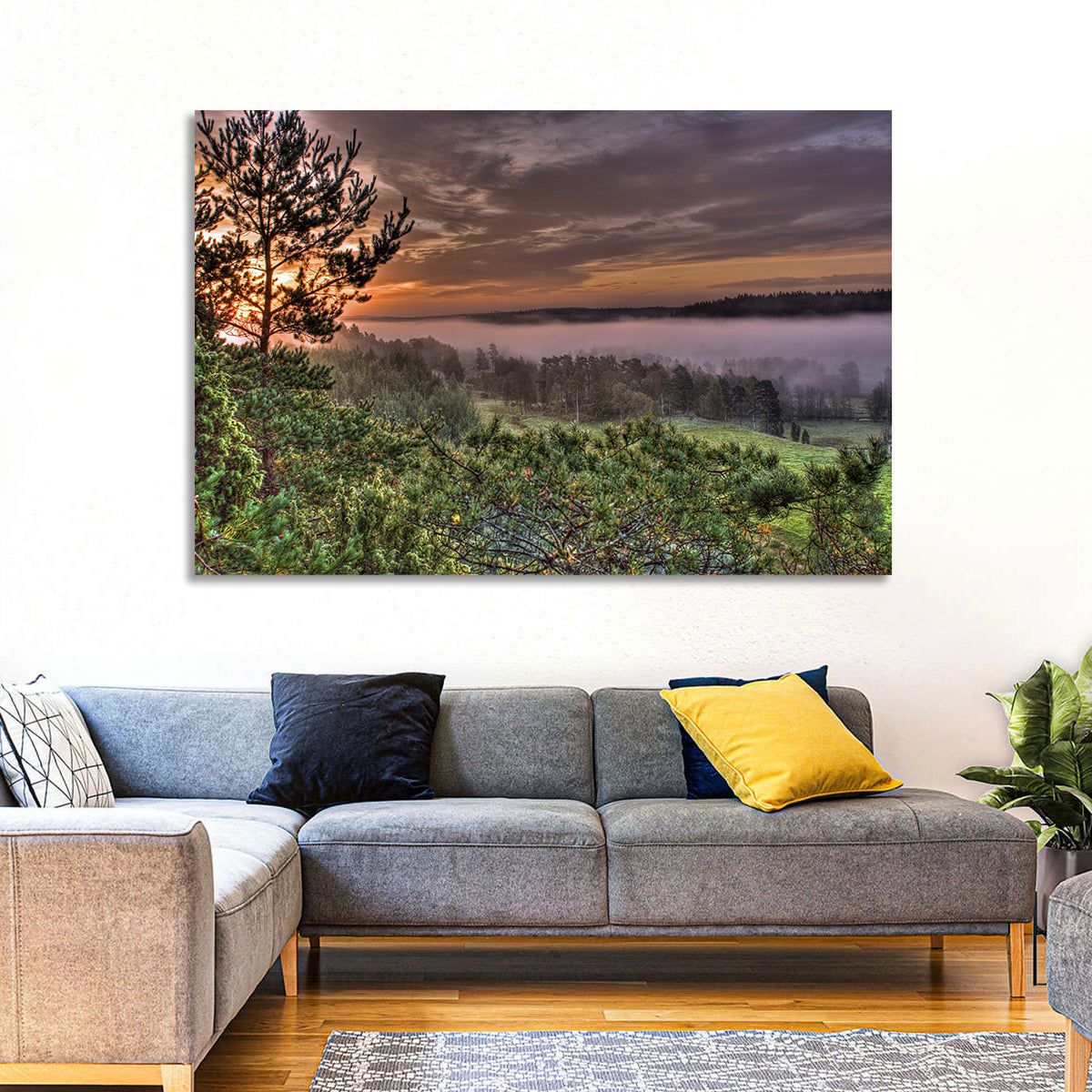 Misty Swedish Pine Valley Wall Art in a room, landscape