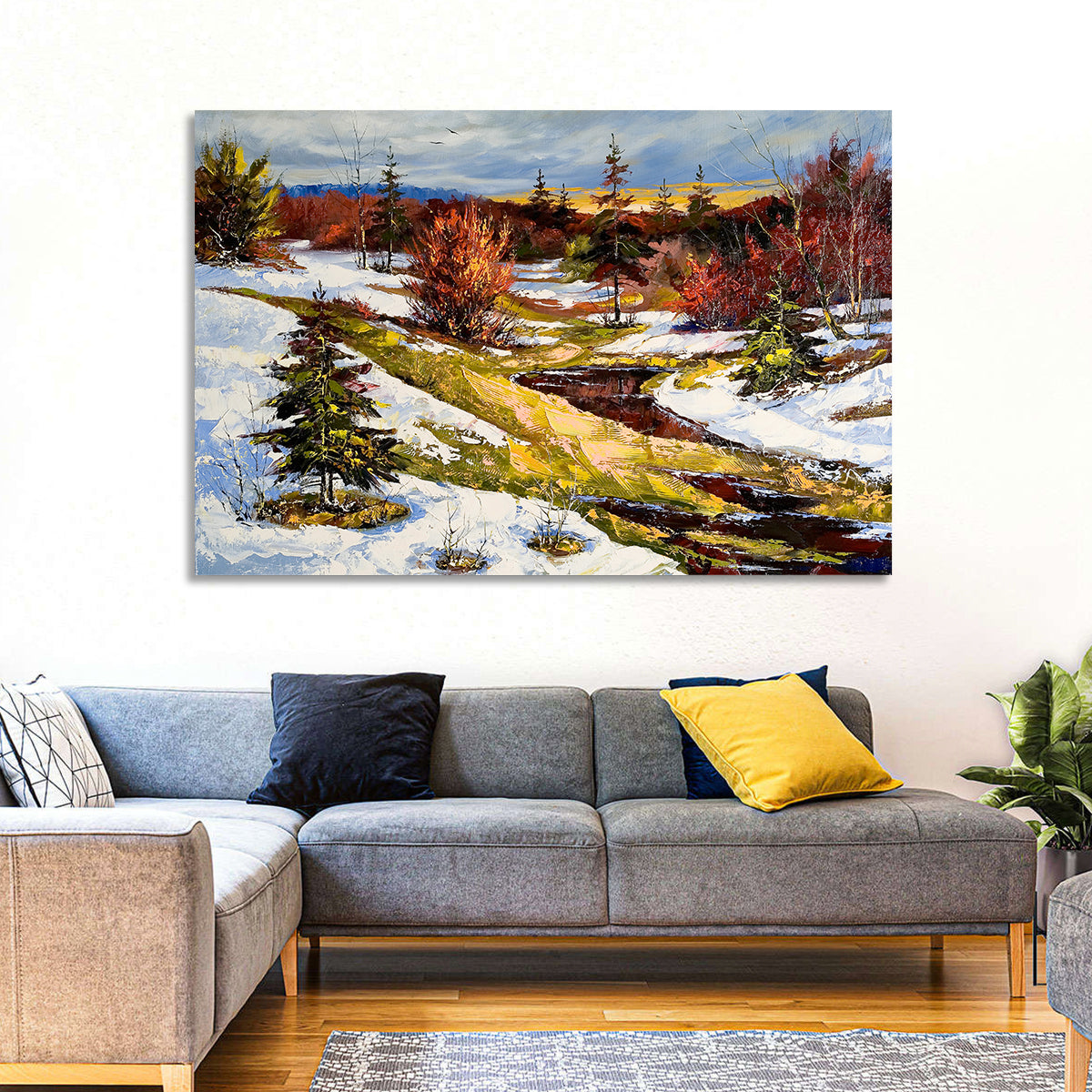 Snowy Stream Through Evergreens Wall Art in a room, landscape