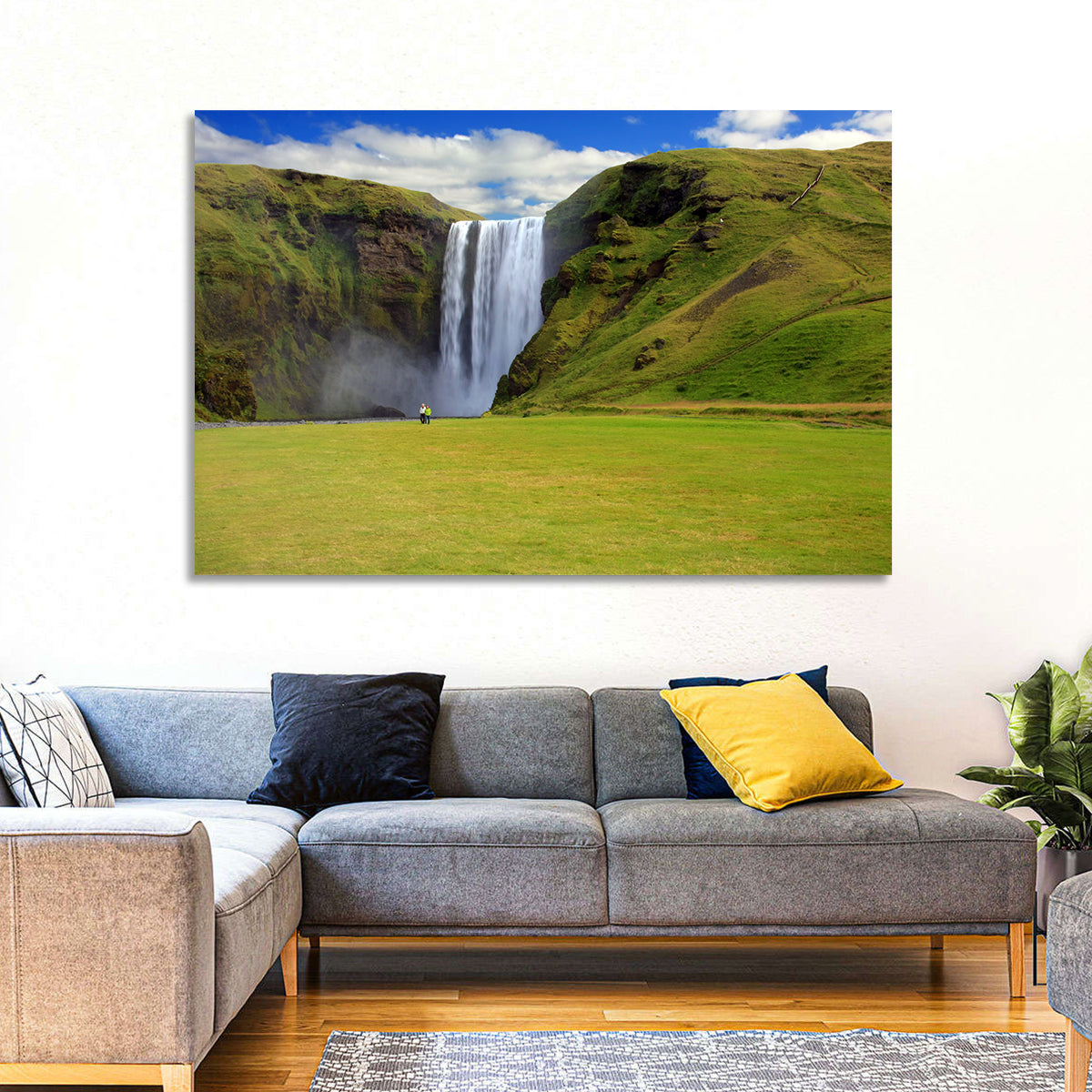 Skógafoss Waterfall Wall Art in a room, landscape