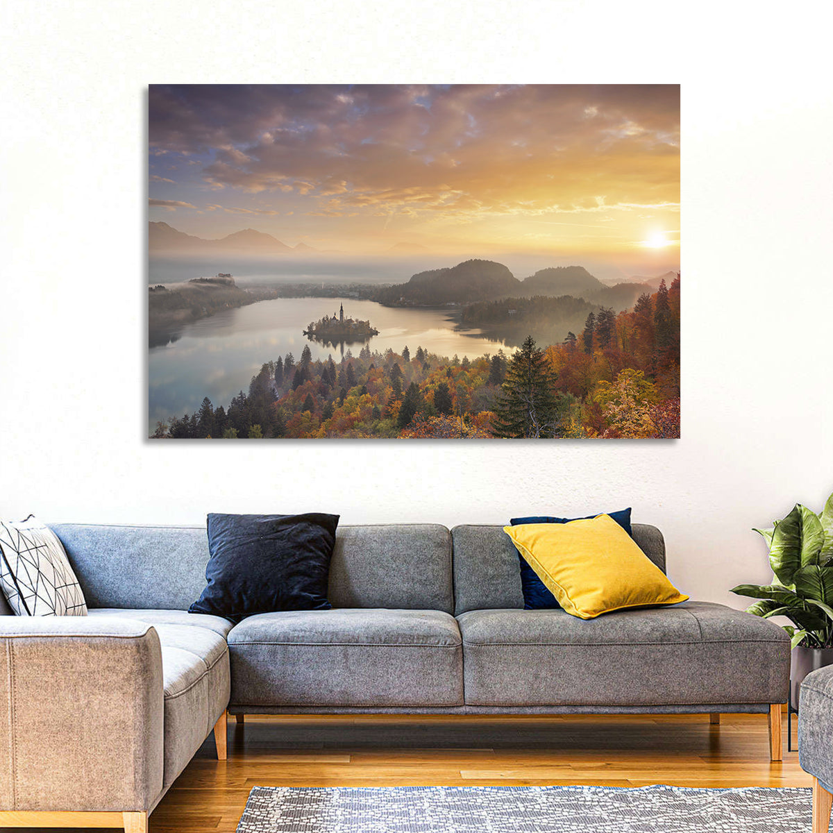 Autumn Morning at Lake Bled Wall Art in a room, landscape