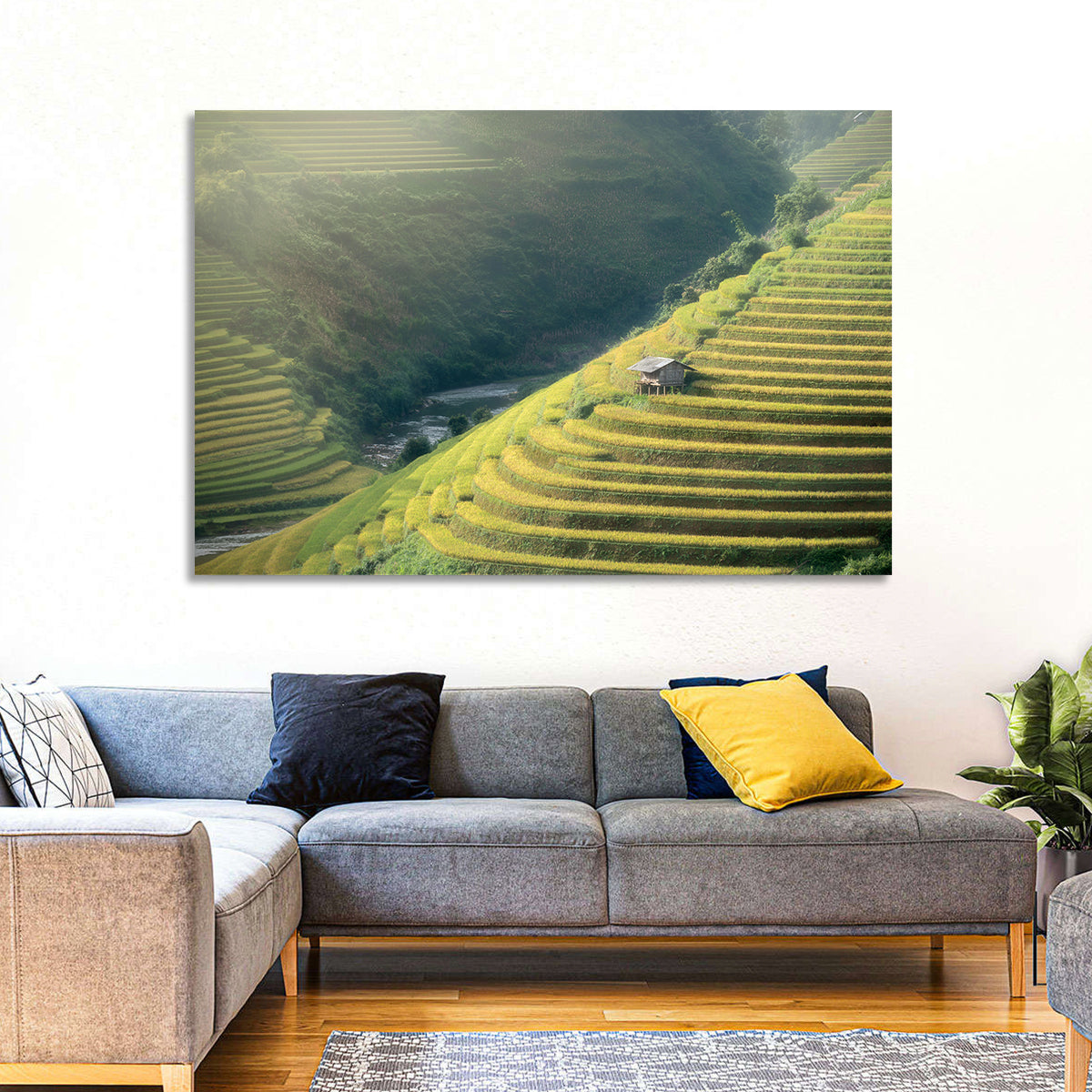 Golden Rice Terraces Wall Art in a room, landscape