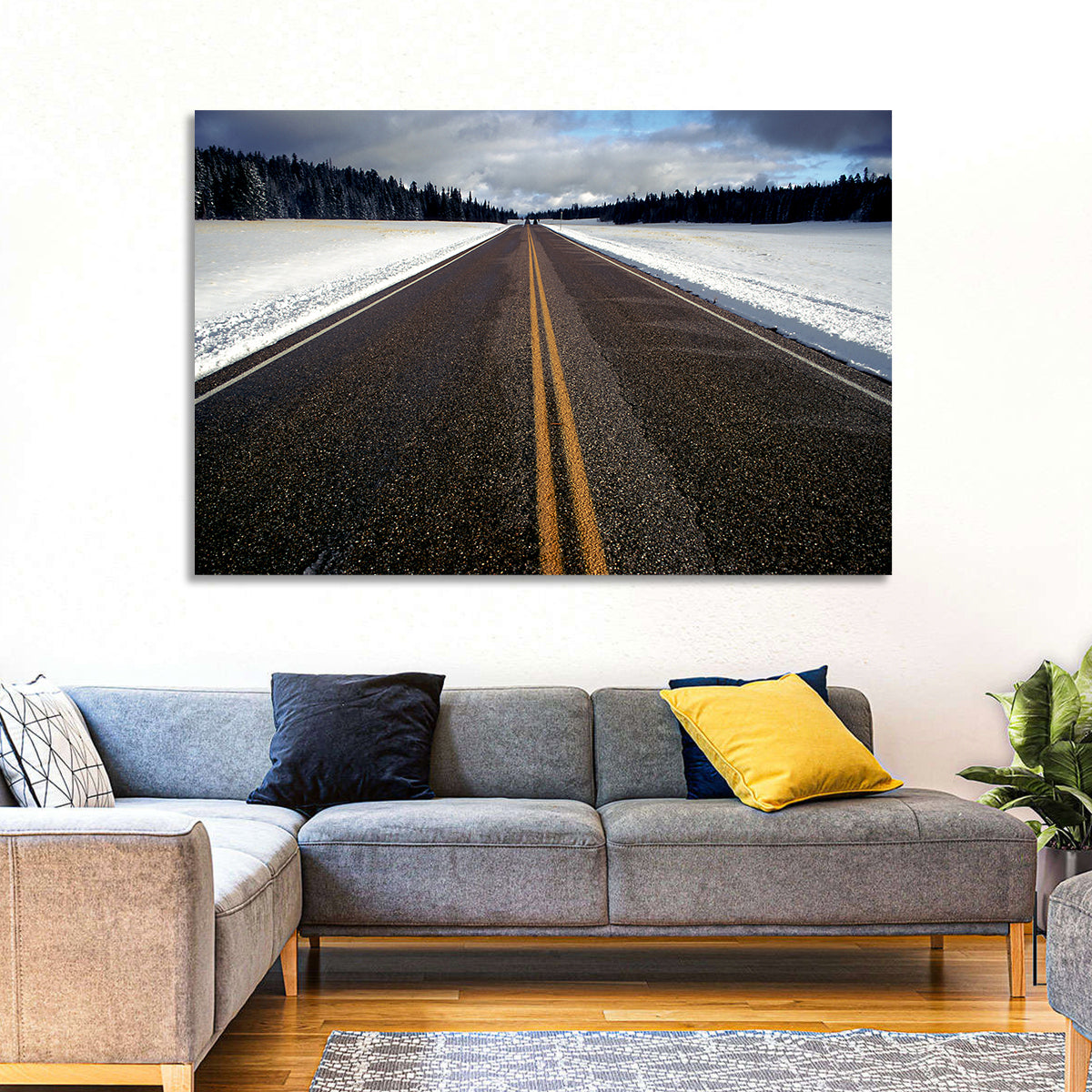 Winter Road Through Pine Forest Wall Art in a room, landscape