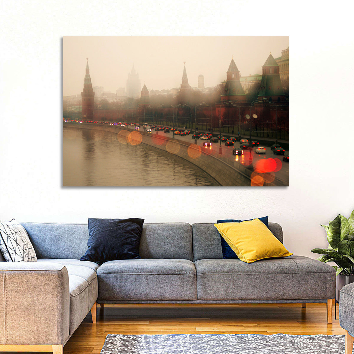 Foggy Moscow Kremlin at Dusk Wall Art in a room, landscape