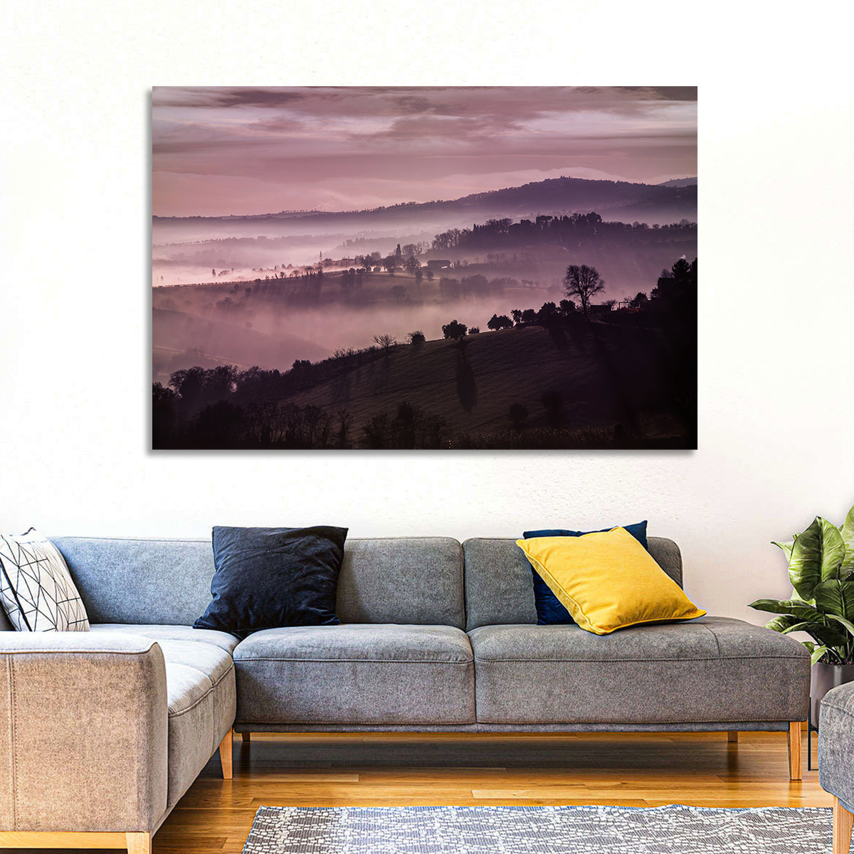 Misty Lavender Hills Wall Art in a room, landscape