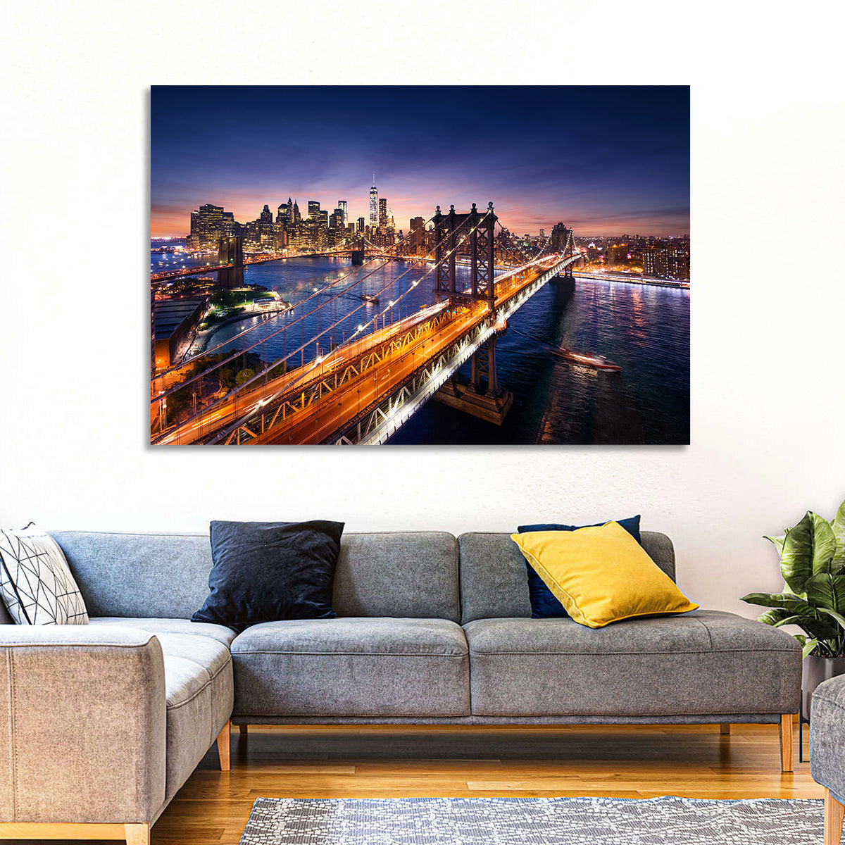 Sunset Over Manhattan Bridges Wall Art in a room, landscape