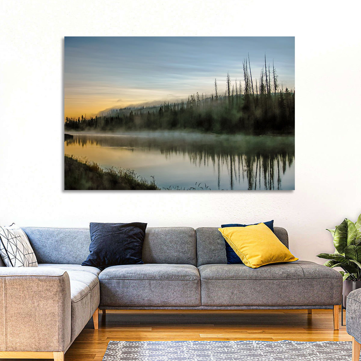Yellowstone River Morning Mist Wall Art in a room, landscape