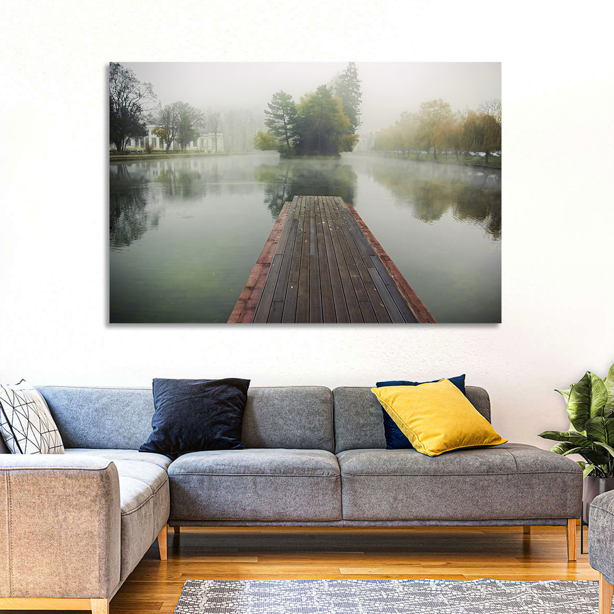 Wooden Pier on Foggy Lake Wall Art in a room, landscape