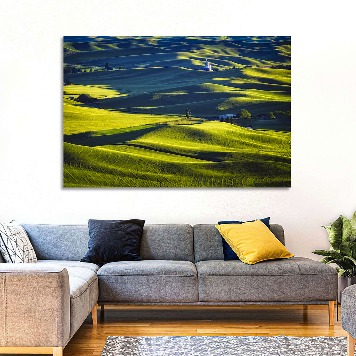 Palouse Hills with Grain Elevator Wall Art in a room, landscape