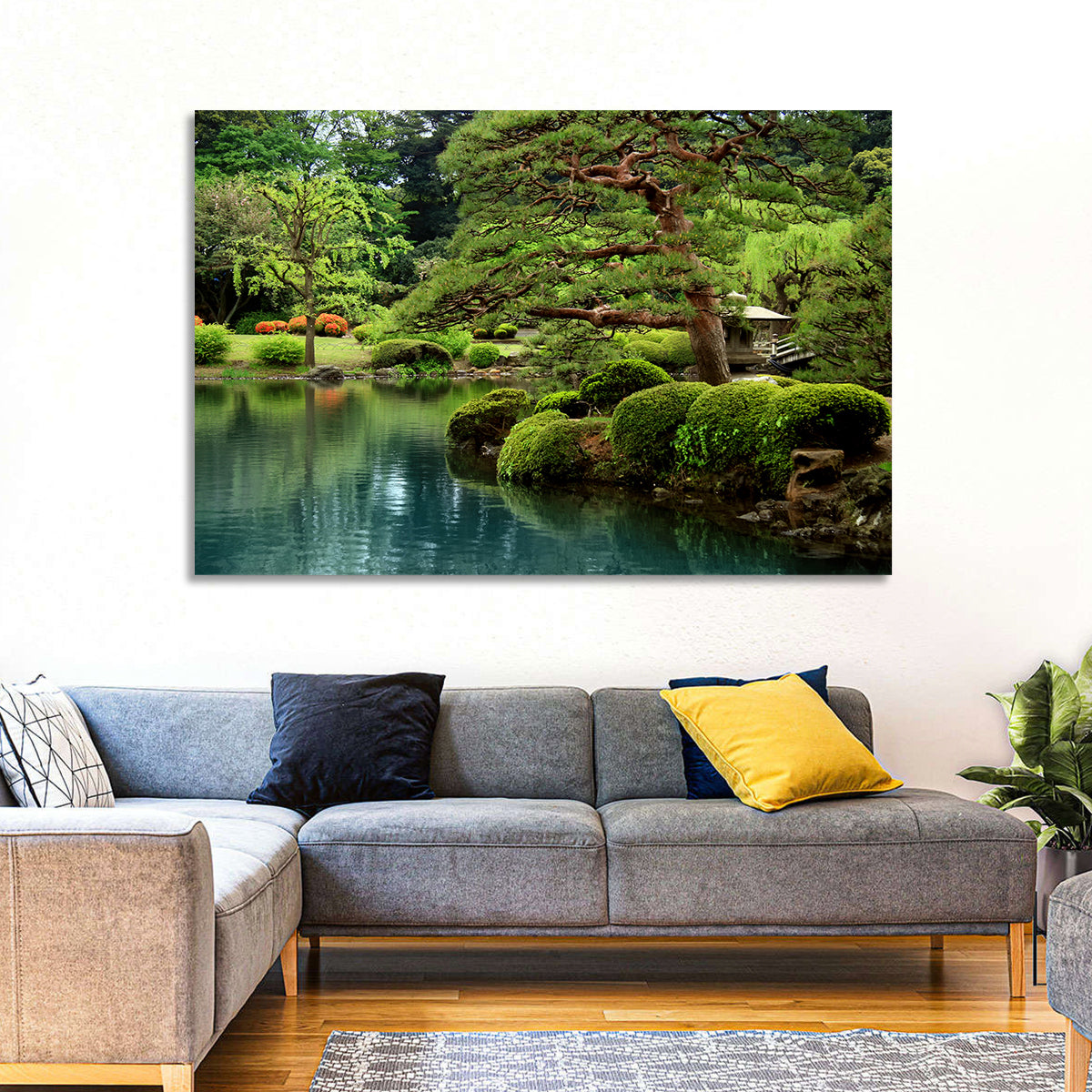Bonsai Pine Over Tranquil Pond Wall Art in a room, landscape