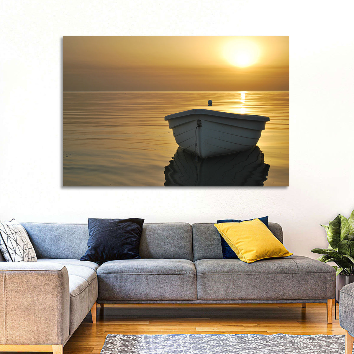 White Rowboat on Golden Sea Wall Art in a room, landscape