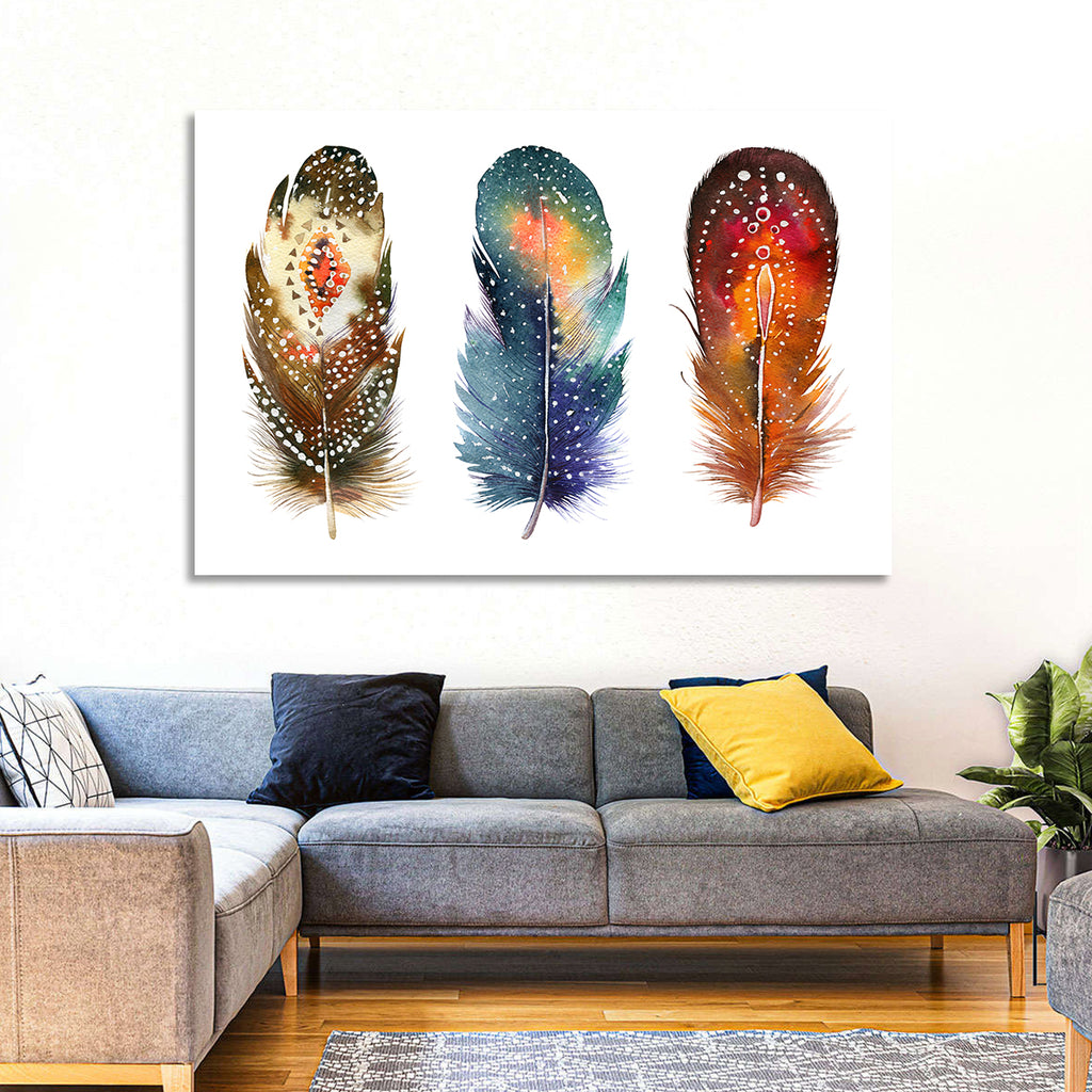 Boho Watercolor Feather Trio Wall Art