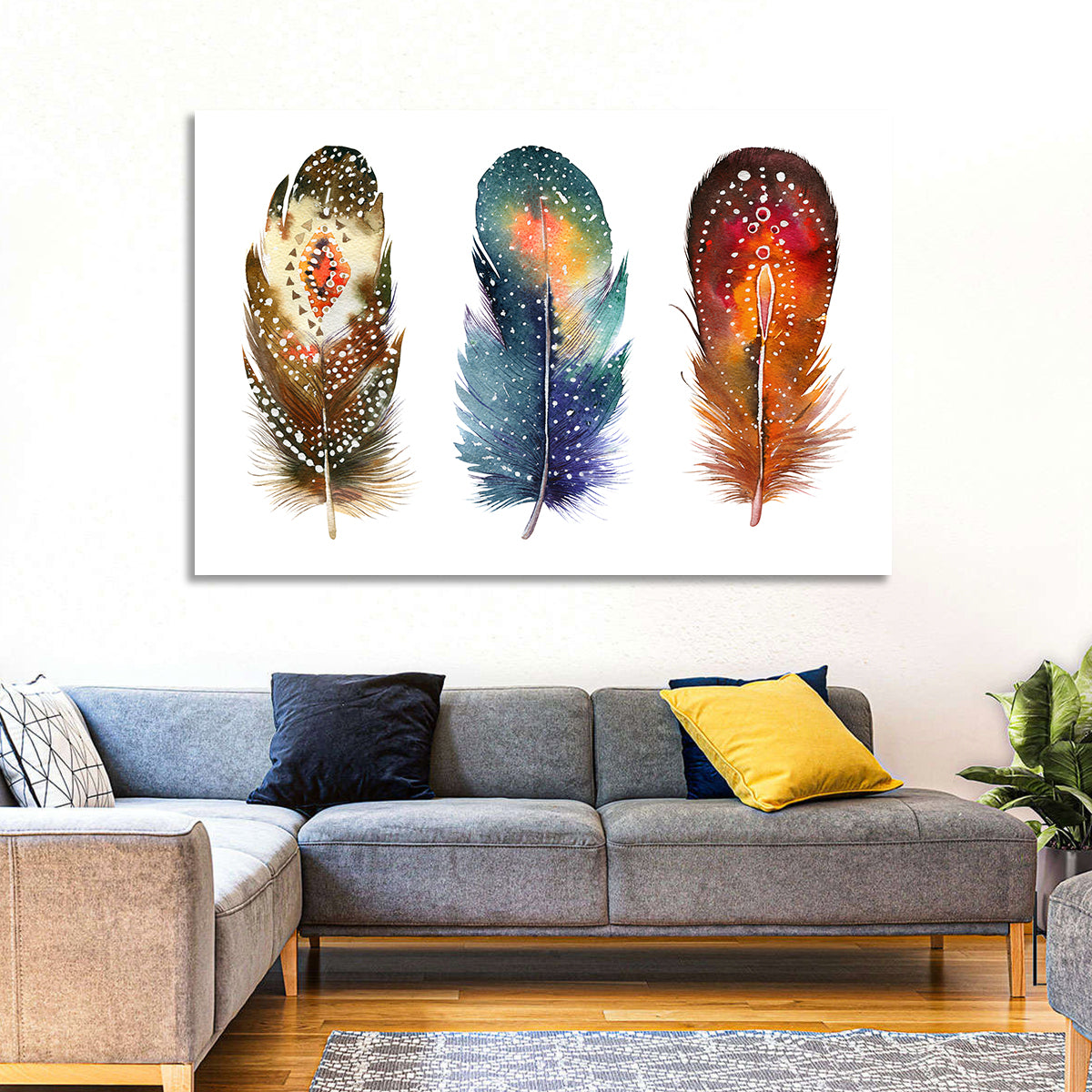 Boho Watercolor Feather Trio Wall Art in a room, landscape