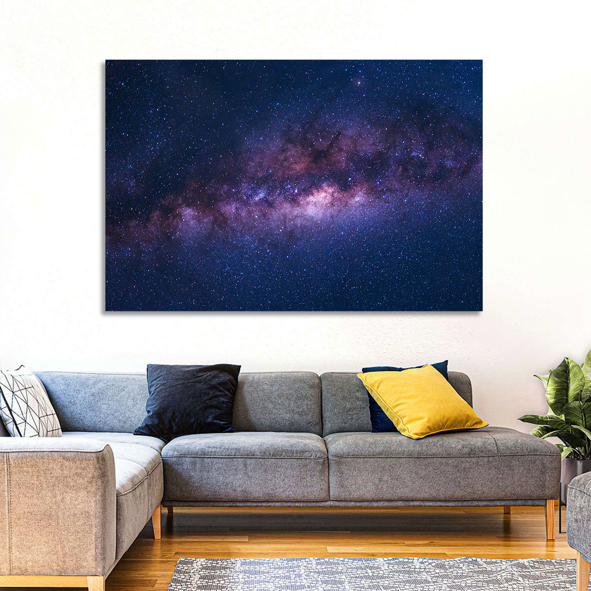Violet Blue Milky Way Galaxy Wall Art in a room, landscape
