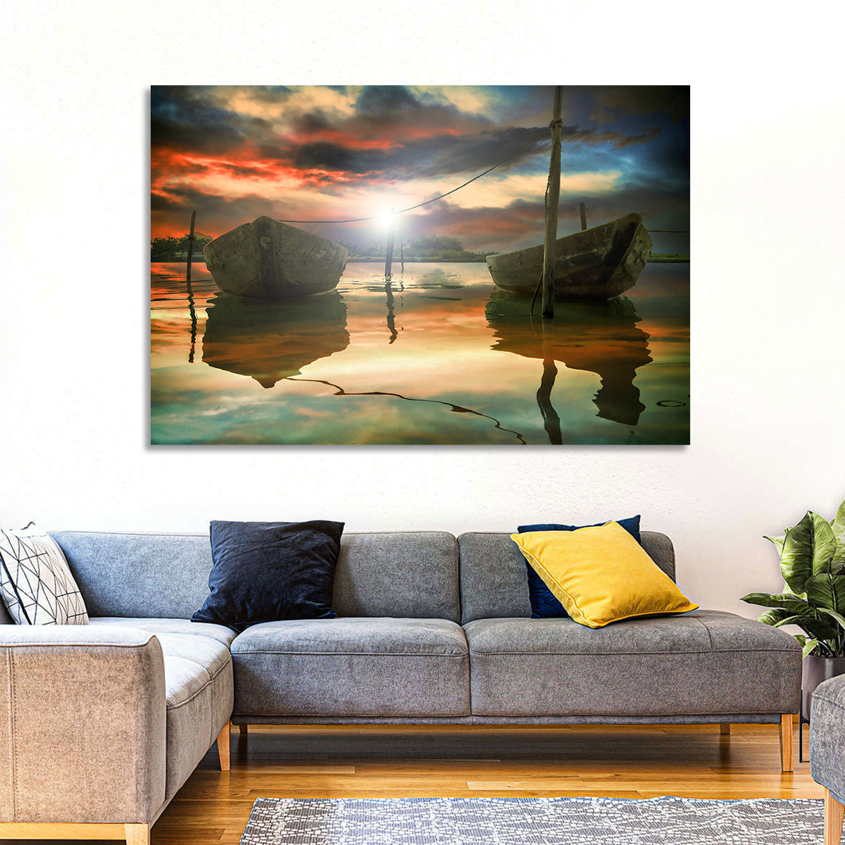 Two Wooden Boats at Sunset Wall Art in a room, landscape
