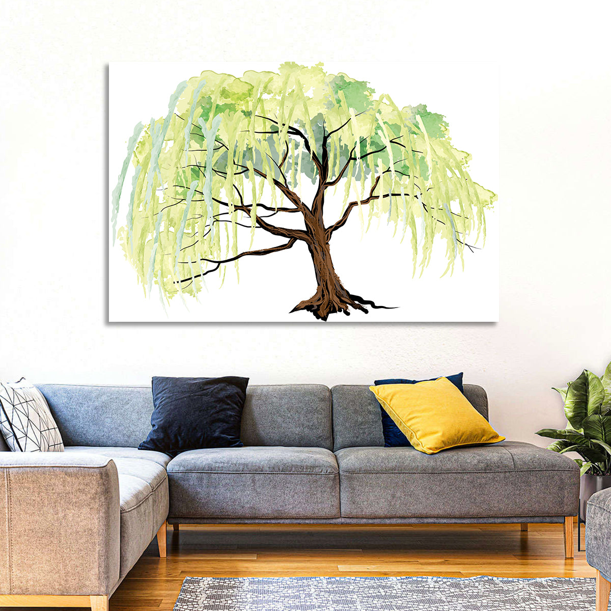 Weeping Willow Watercolor Sketch Wall Art in a room, landscape