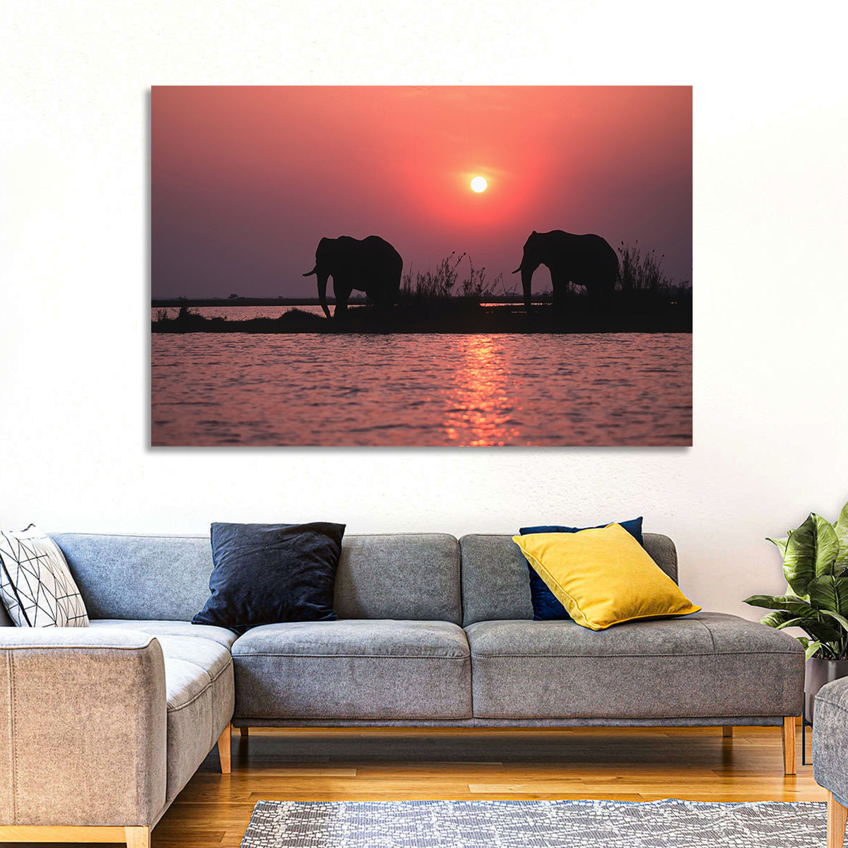 Elephants at Sunset Silhouette Wall Art