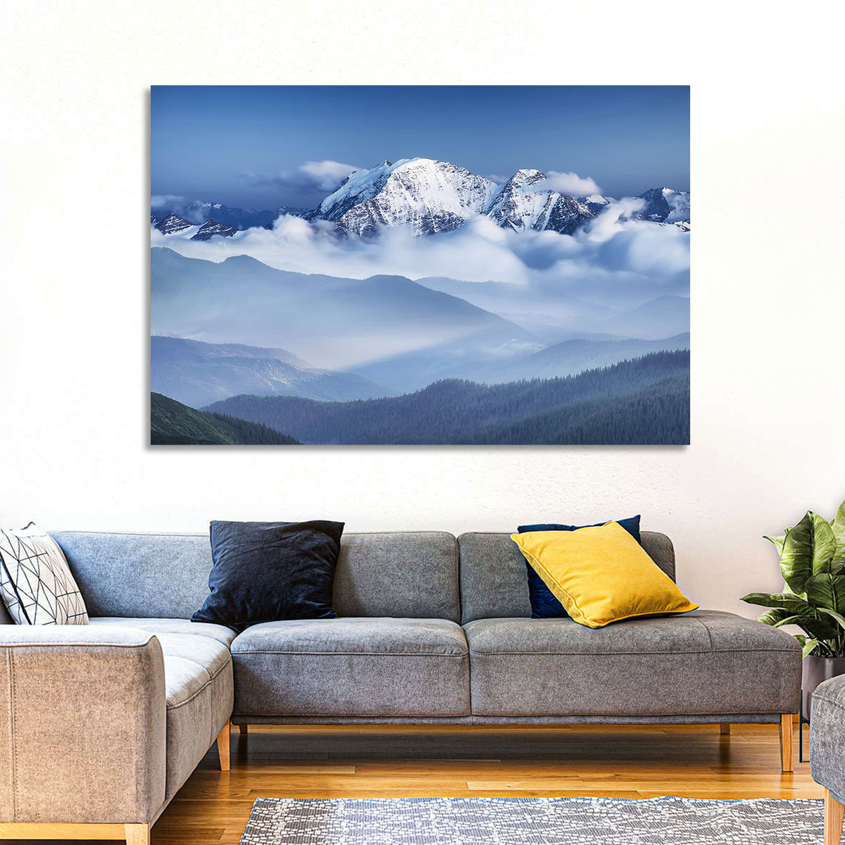 Snow-capped Peaks in Clouds Wall Art in a room, landscape