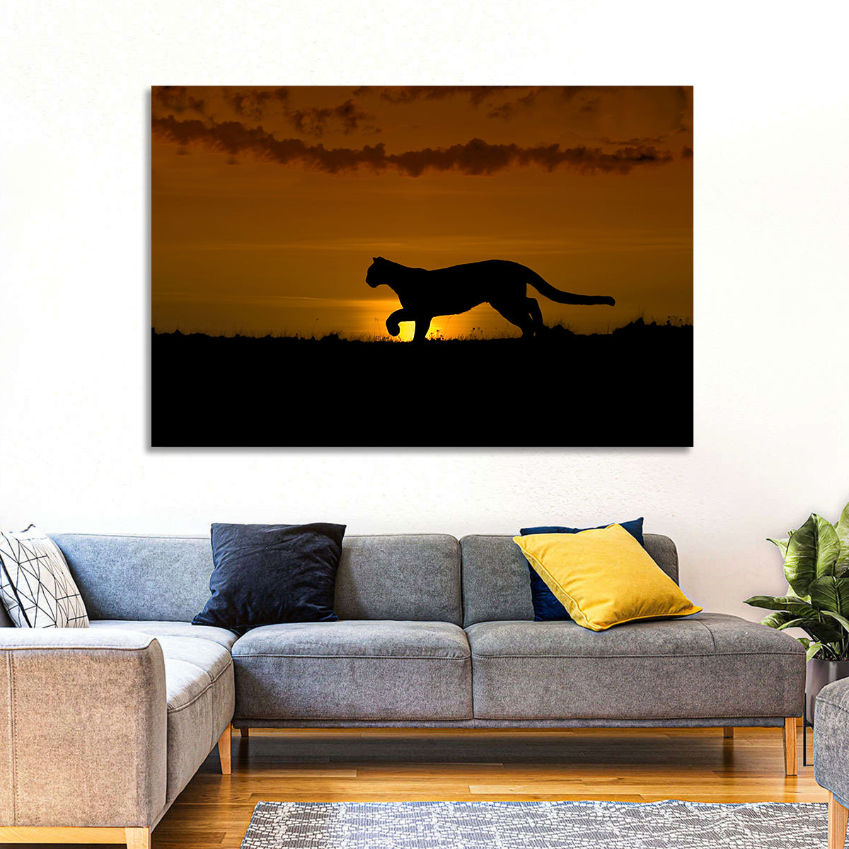 Cougar Silhouette at Sunset Wall Art in a room, landscape