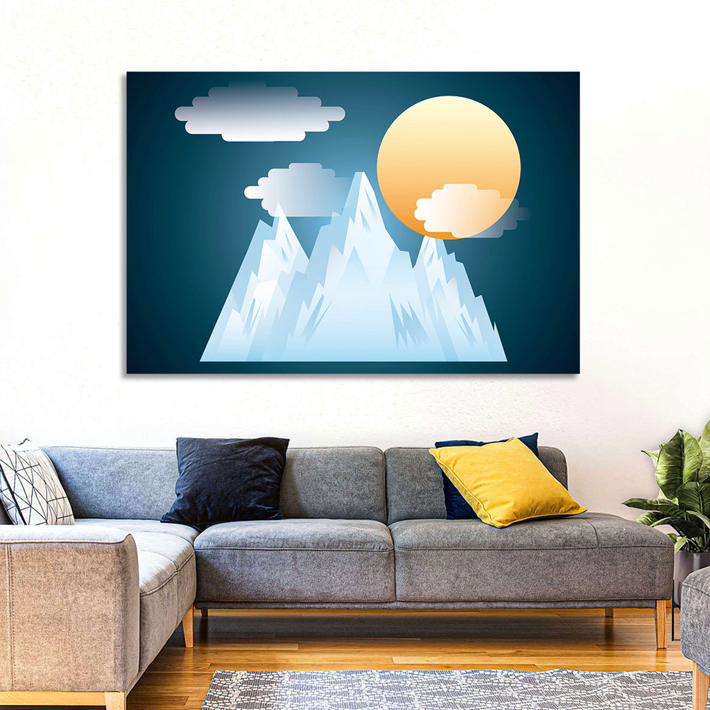 Geometric Snowy Mountain with Golden Sun Wall Art