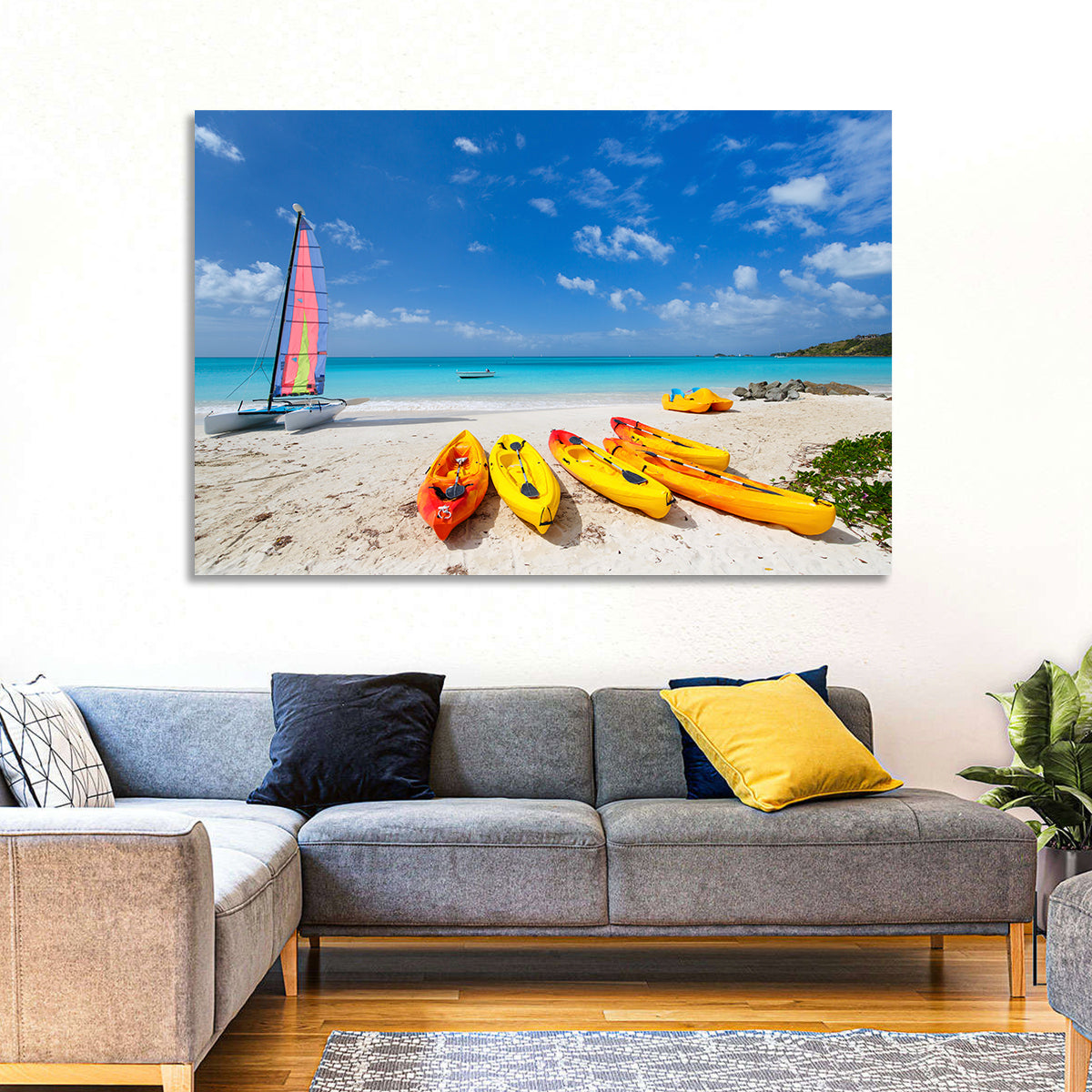 Yellow Kayaks on Tropical Beach Wall Art in a room, landscape