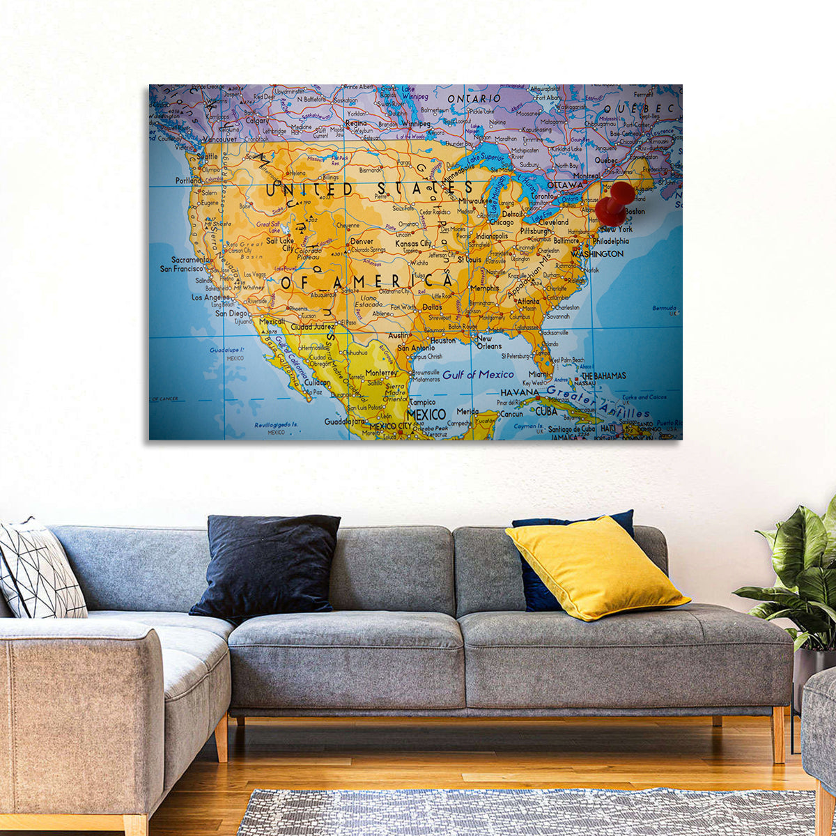 Vintage USA Map with Northeastern Pushpin Wall Art