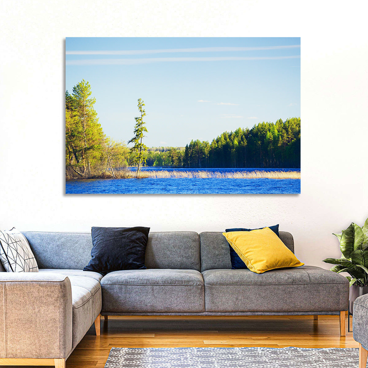 Summer Forest Lake Shoreline Wall Art in a room, landscape