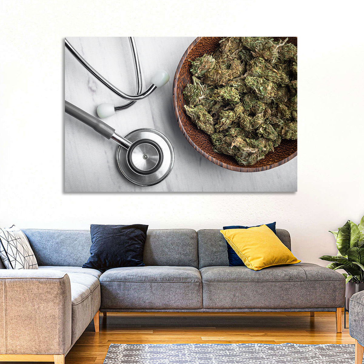 Stethoscope and Medical Cannabis Still Life Wall Art in a room, landscape