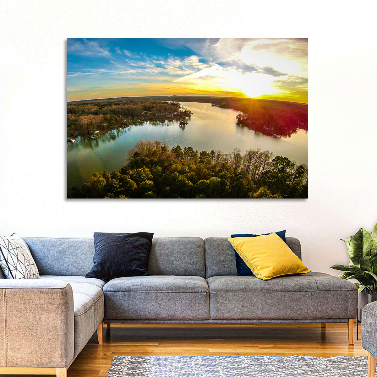 Lake Wylie Golden Sunset Wall Art in a room, landscape