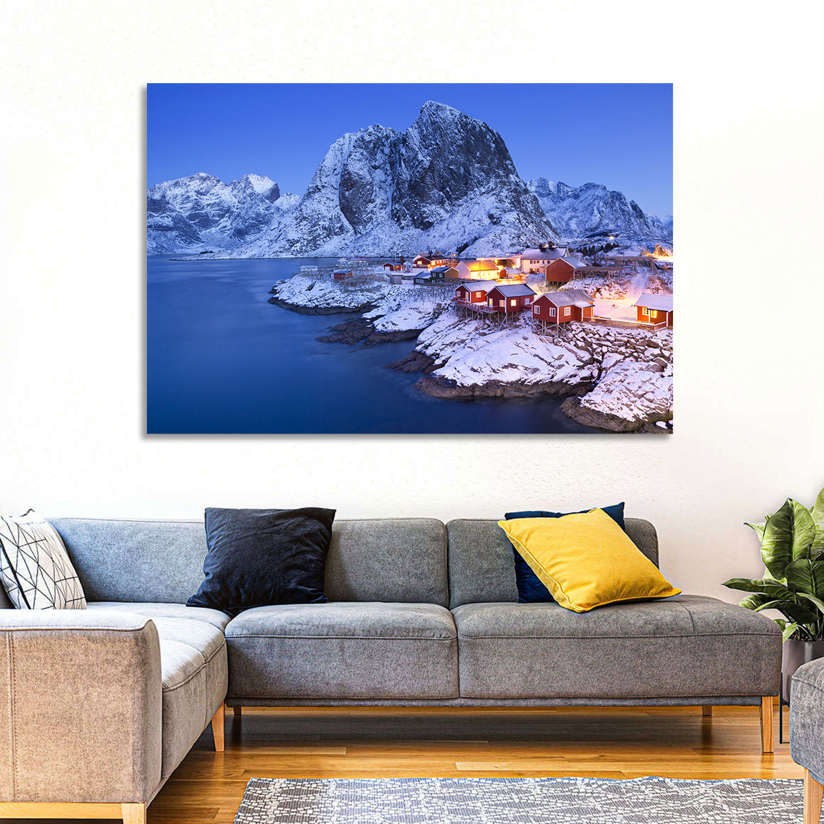Hamnøy Red Cabins at Winter Dusk Wall Art in a room, landscape