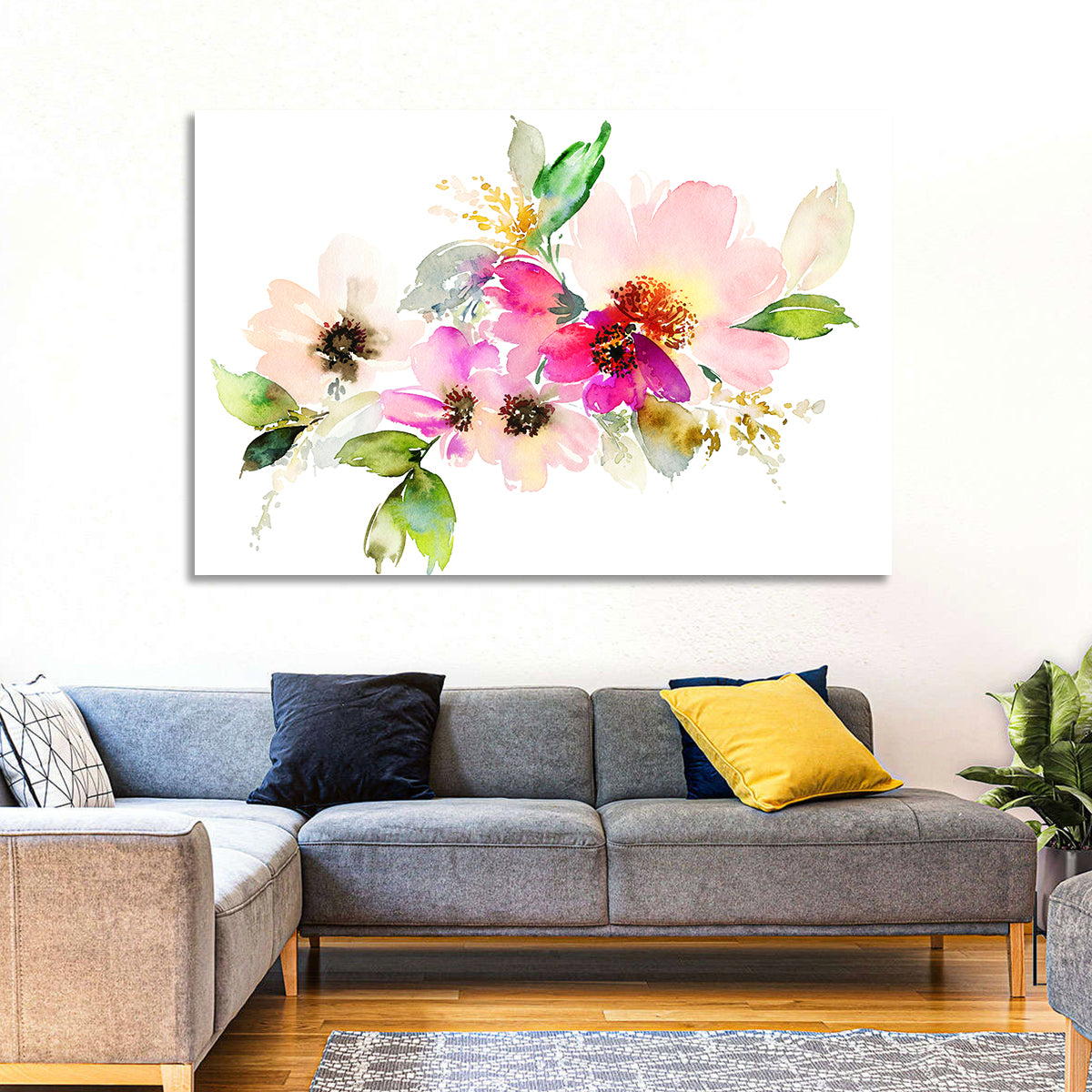 Delicate Pink Floral Watercolor Wall Art in a room, landscape
