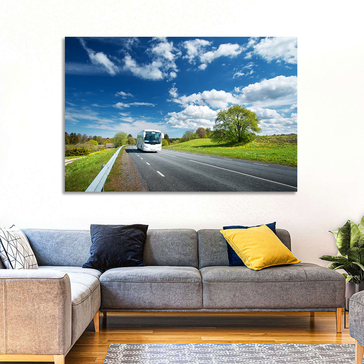 White Bus on Meadow Road Wall Art in a room, landscape