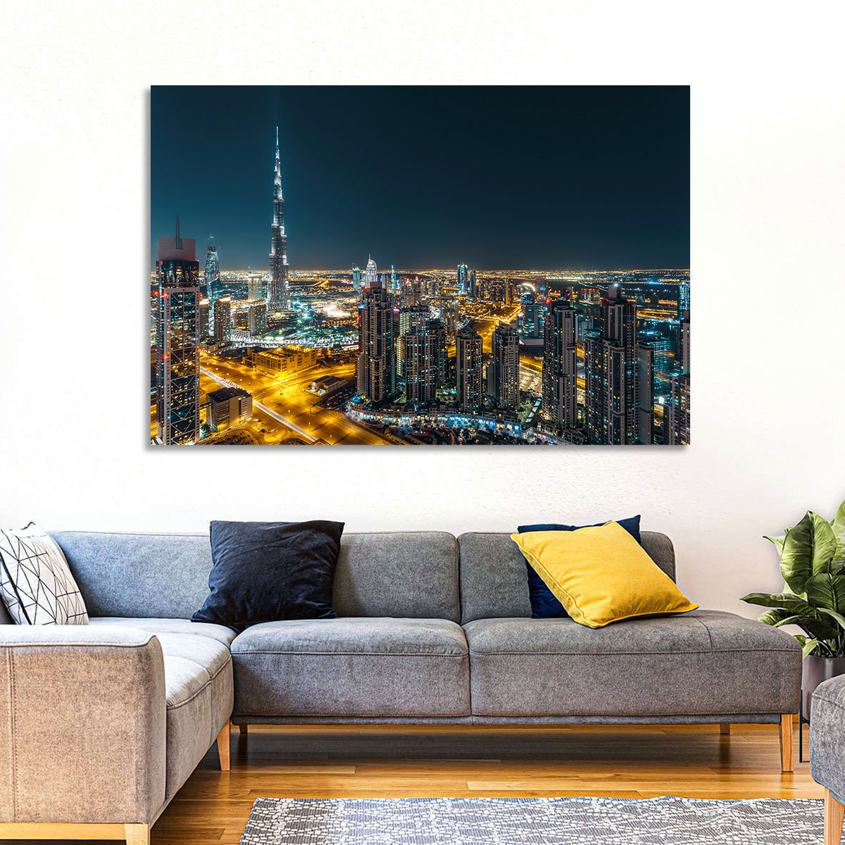 Dubai Night Skyline with Burj Khalifa Wall Art in a room, landscape